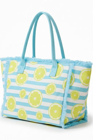 Lemon Drop Fringe Blue Striped Tote - Wholesale Accessory Market