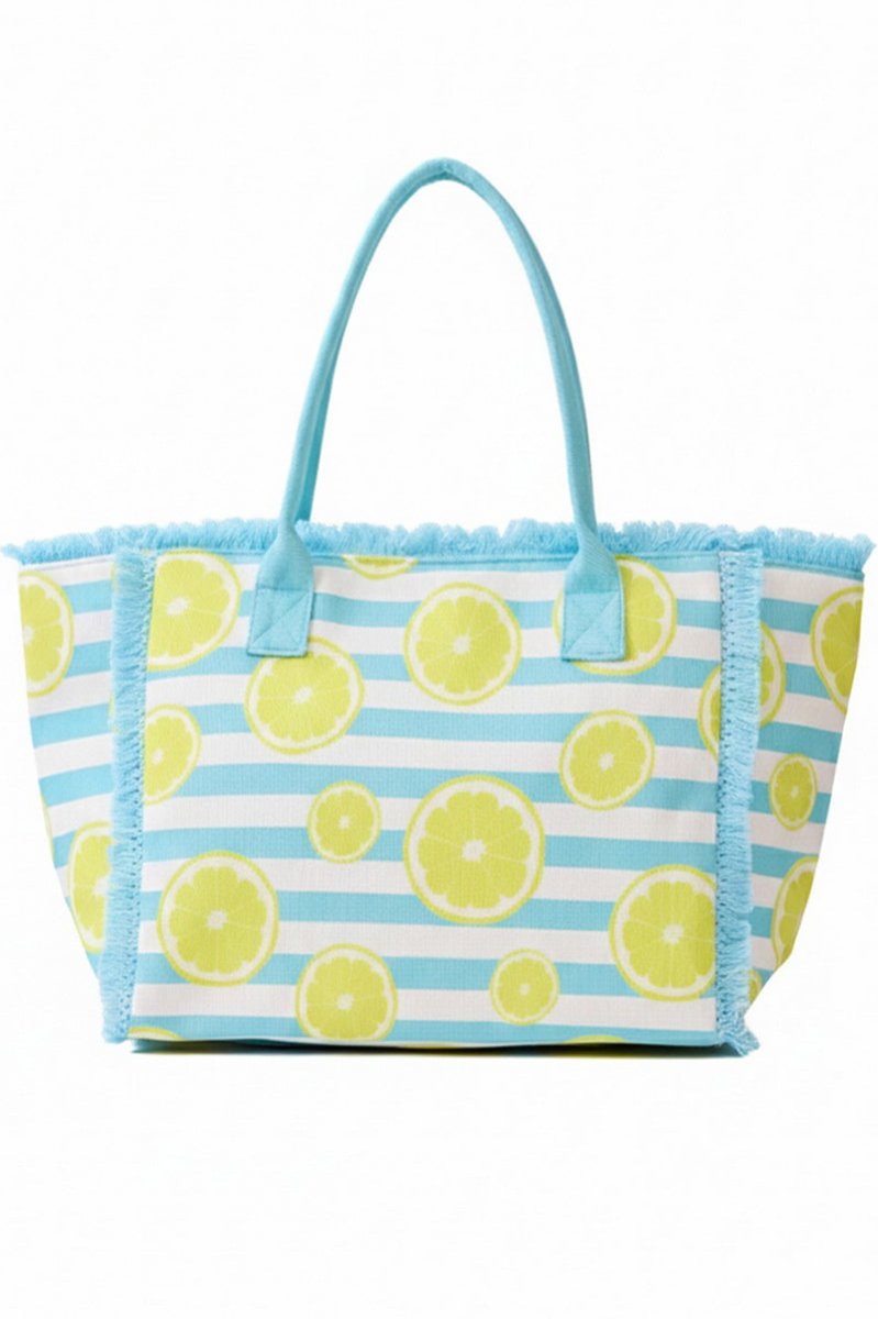 Lemon Drop Fringe Blue Striped Tote - Wholesale Accessory Market