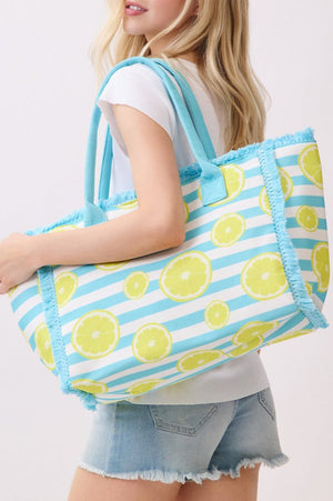 Lemon Drop Fringe Blue Striped Tote - Wholesale Accessory Market