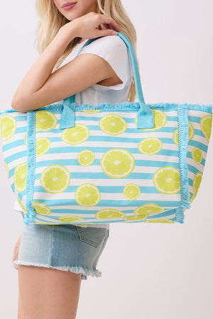 Lemon Drop Fringe Blue Striped Tote - Wholesale Accessory Market