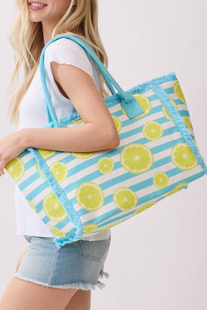 Lemon Drop Fringe Blue Striped Tote - Wholesale Accessory Market