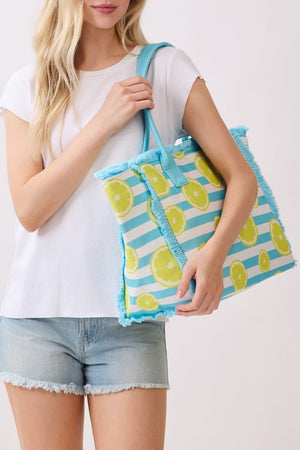 Lemon Drop Fringe Blue Striped Tote - Wholesale Accessory Market