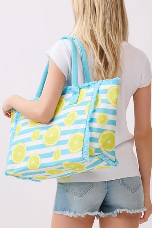 Lemon Drop Fringe Blue Striped Tote - Wholesale Accessory Market
