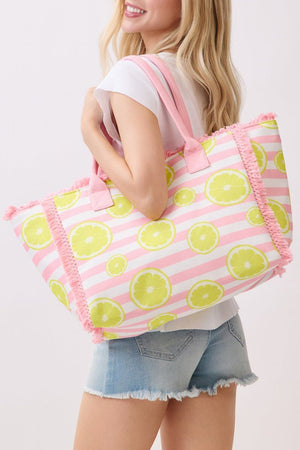 Lemon Drop Fringe Pink Striped Tote - Wholesale Accessory Market