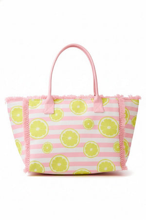 Lemon Drop Fringe Pink Striped Tote - Wholesale Accessory Market