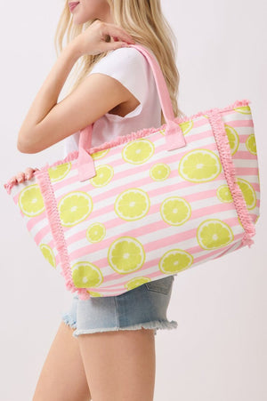 Lemon Drop Fringe Pink Striped Tote - Wholesale Accessory Market