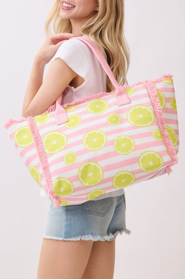Lemon Drop Fringe Pink Striped Tote - Wholesale Accessory Market