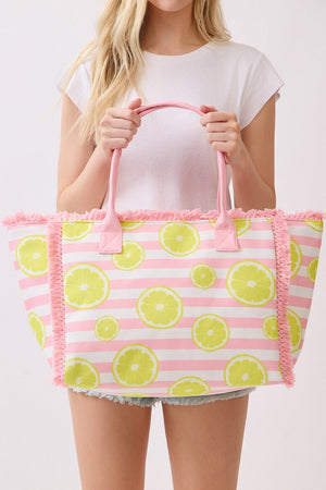 Lemon Drop Fringe Pink Striped Tote - Wholesale Accessory Market