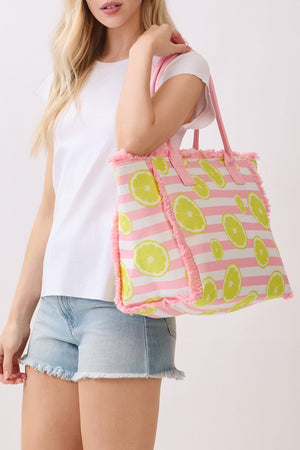 Lemon Drop Fringe Pink Striped Tote - Wholesale Accessory Market