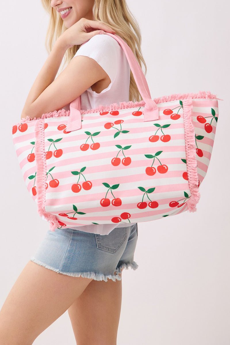 Cherry Crush Fringe Pink Striped Tote - Wholesale Accessory Market