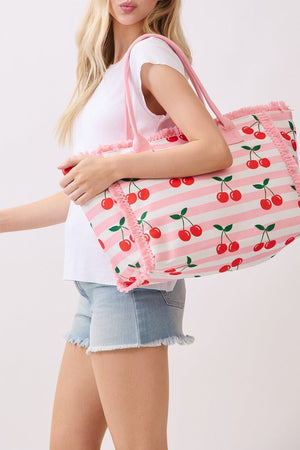Cherry Crush Fringe Pink Striped Tote - Wholesale Accessory Market