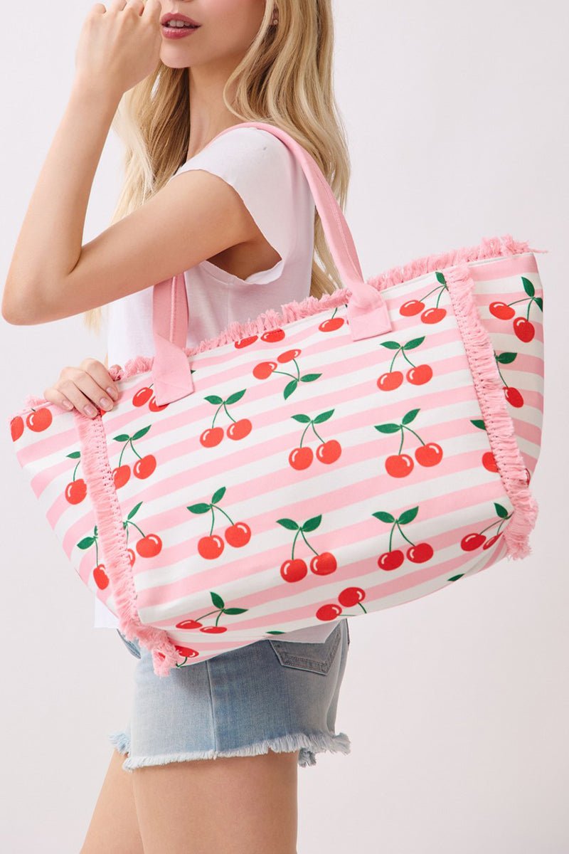 Cherry Crush Fringe Pink Striped Tote - Wholesale Accessory Market