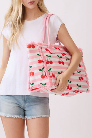 Cherry Crush Fringe Pink Striped Tote - Wholesale Accessory Market