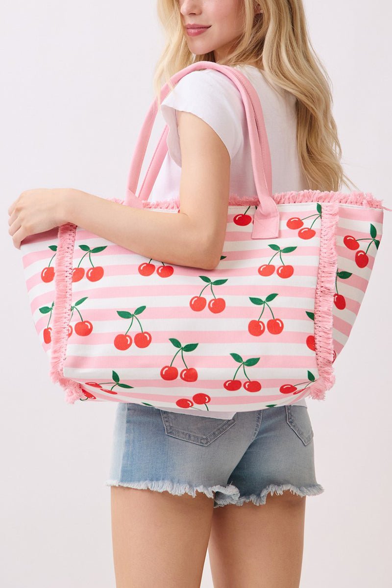 Cherry Crush Fringe Pink Striped Tote - Wholesale Accessory Market