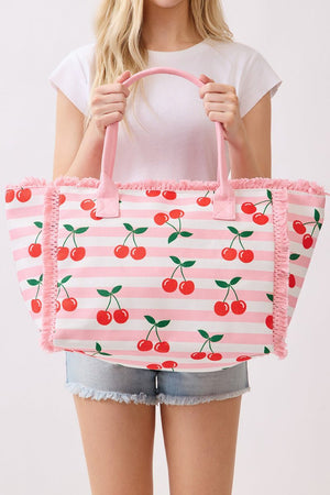 Cherry Crush Fringe Pink Striped Tote - Wholesale Accessory Market