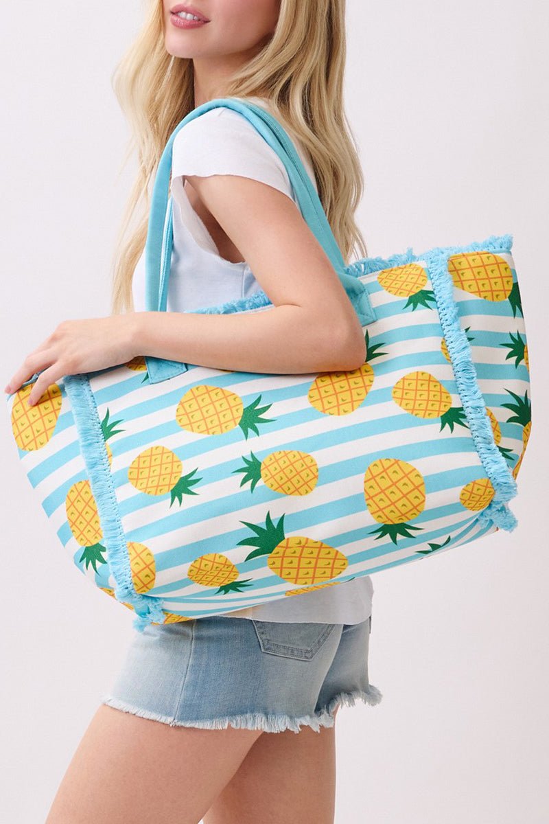 Pineapple Punch Fringe Blue Striped Tote - Wholesale Accessory Market
