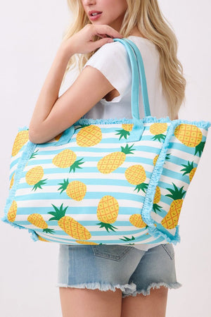 Pineapple Punch Fringe Blue Striped Tote - Wholesale Accessory Market