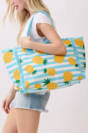Pineapple Punch Fringe Blue Striped Tote - Wholesale Accessory Market