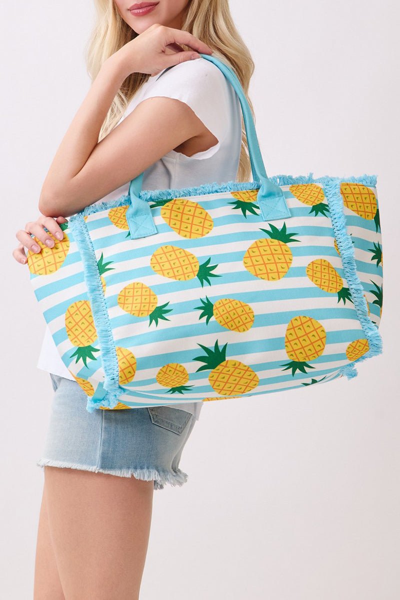 Pineapple Punch Fringe Blue Striped Tote - Wholesale Accessory Market
