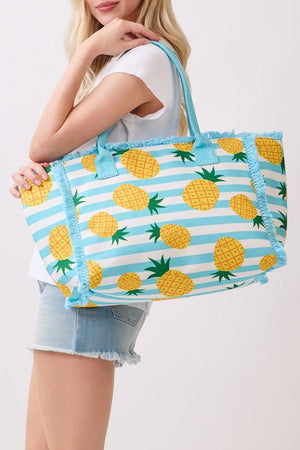 Pineapple Punch Fringe Blue Striped Tote - Wholesale Accessory Market