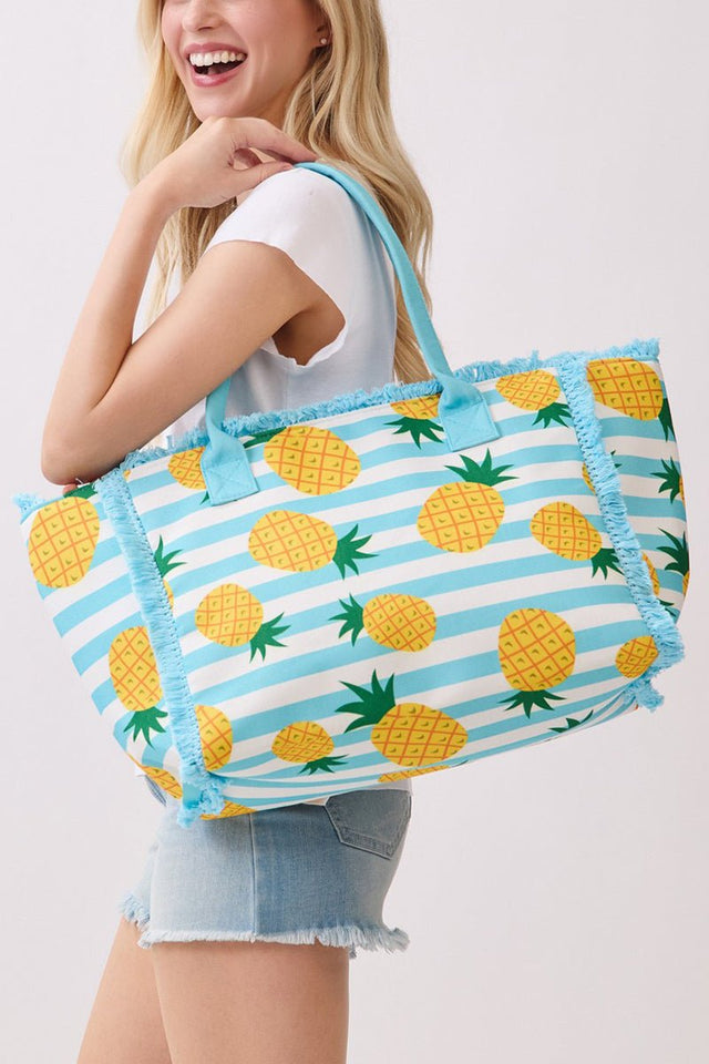 Pineapple Punch Fringe Blue Striped Tote - Wholesale Accessory Market