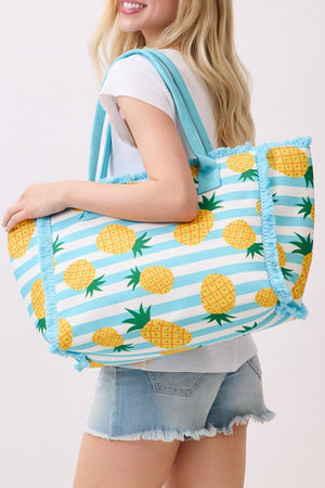 Pineapple Punch Fringe Blue Striped Tote - Wholesale Accessory Market