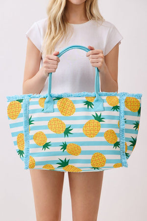 Pineapple Punch Fringe Blue Striped Tote - Wholesale Accessory Market