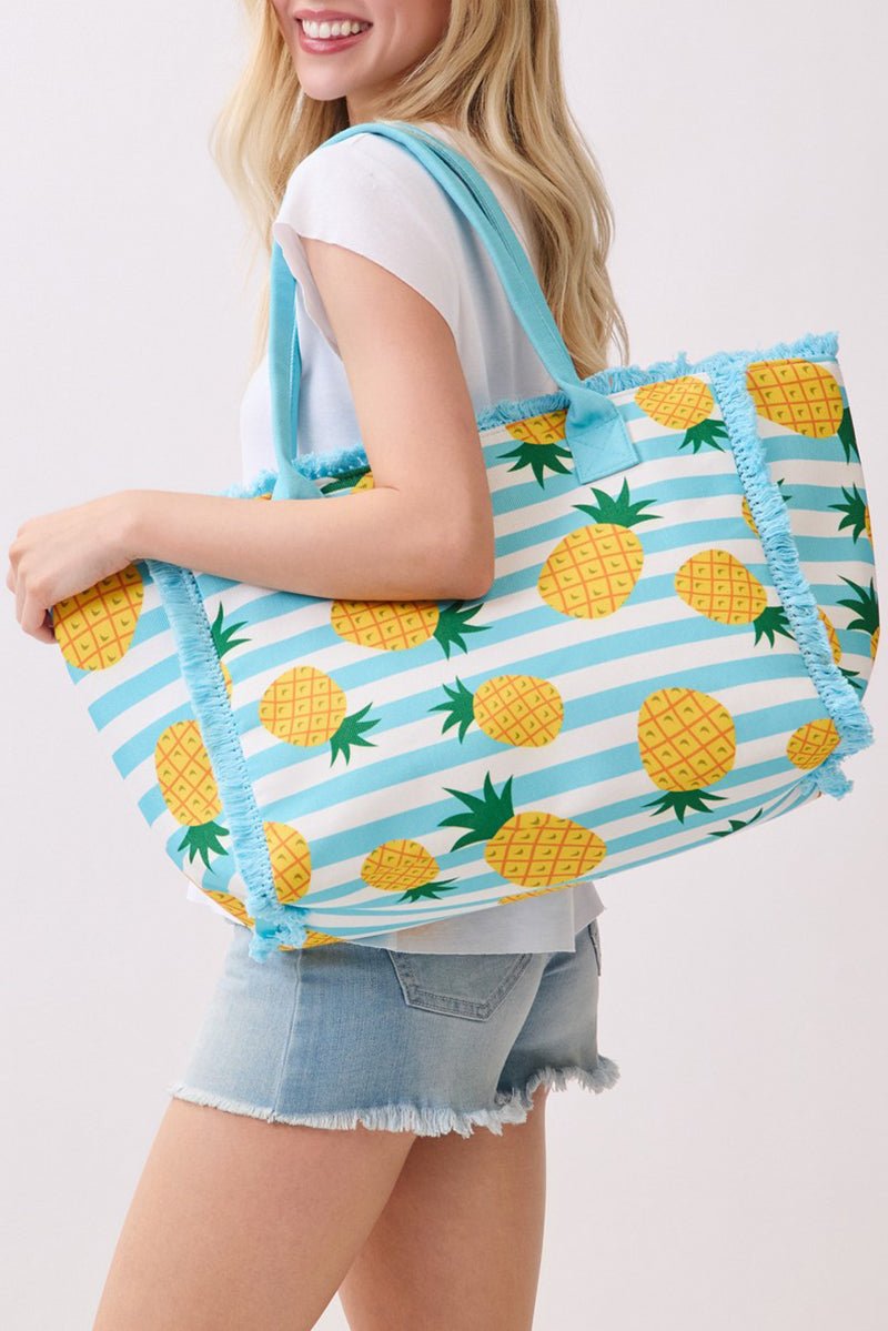 Pineapple Punch Fringe Blue Striped Tote - Wholesale Accessory Market