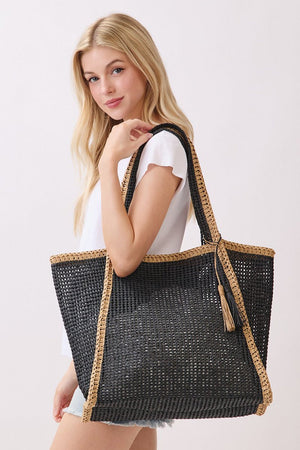 Island Escape Black Two - Tone Woven Straw Tassel Tote - Wholesale Accessory Market