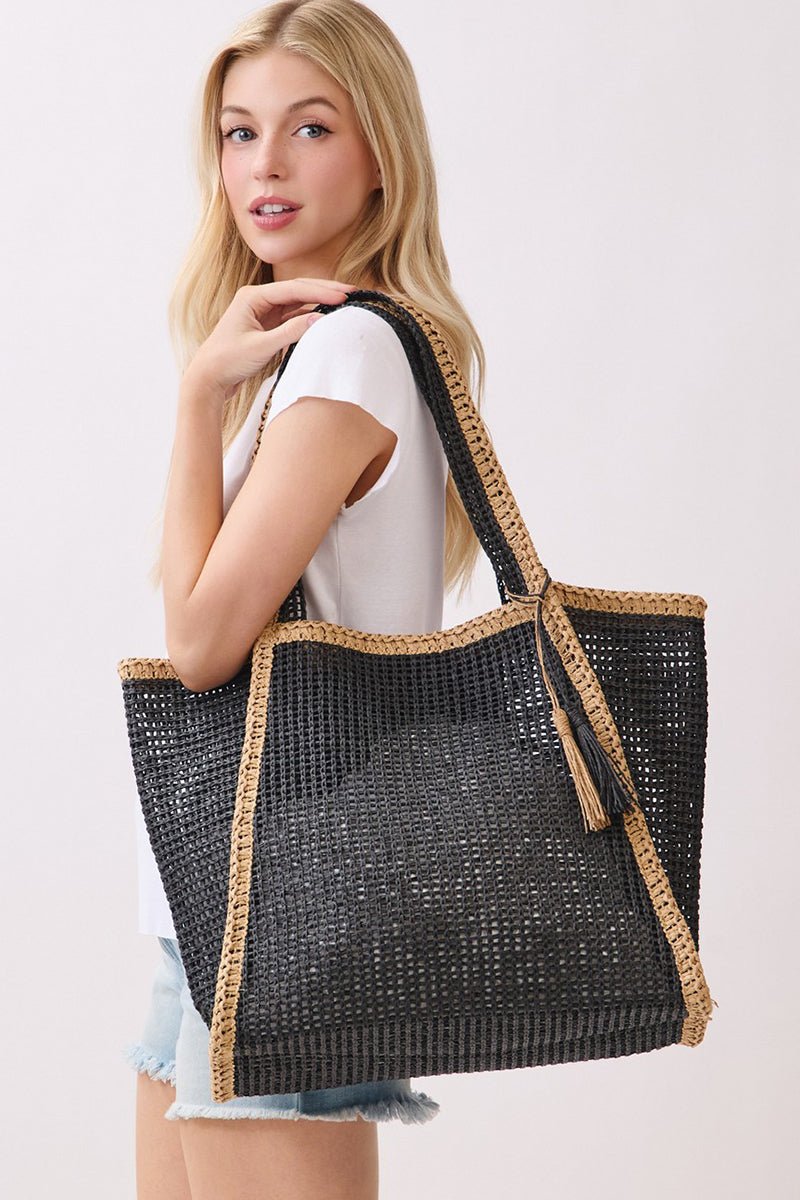 Island Escape Black Two - Tone Woven Straw Tassel Tote - Wholesale Accessory Market