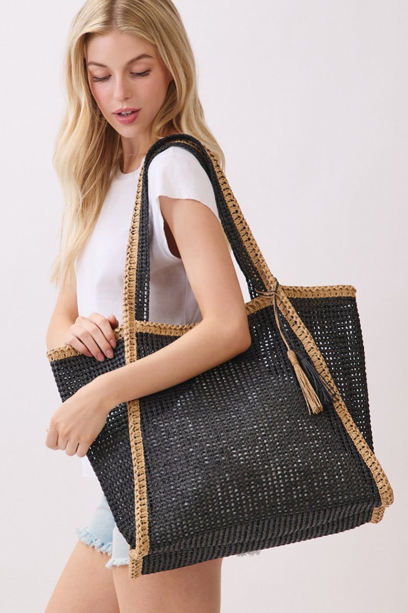 Island Escape Black Two - Tone Woven Straw Tassel Tote - Wholesale Accessory Market