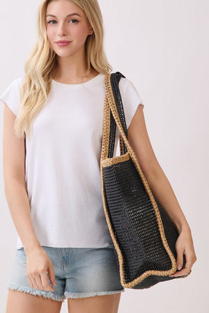 Island Escape Black Two - Tone Woven Straw Tassel Tote - Wholesale Accessory Market