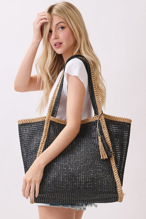 Island Escape Black Two - Tone Woven Straw Tassel Tote - Wholesale Accessory Market