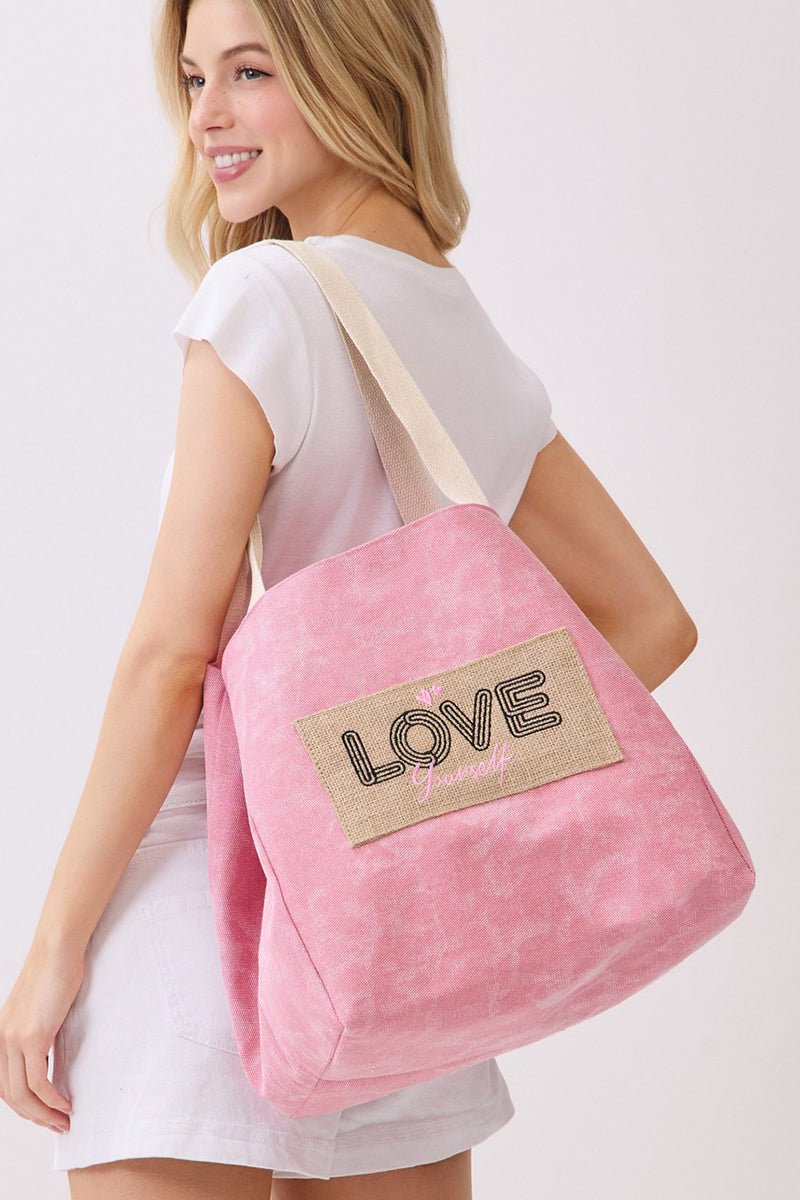 Love Yourself Patch Pink Canvas Cinch Tote - Wholesale Accessory Market
