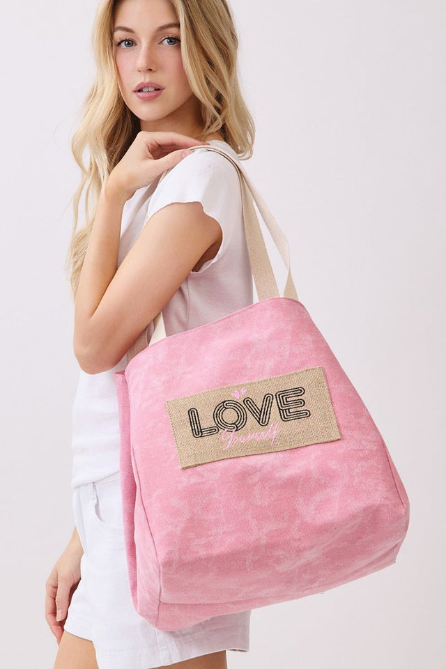 Love Yourself Patch Pink Canvas Cinch Tote - Wholesale Accessory Market