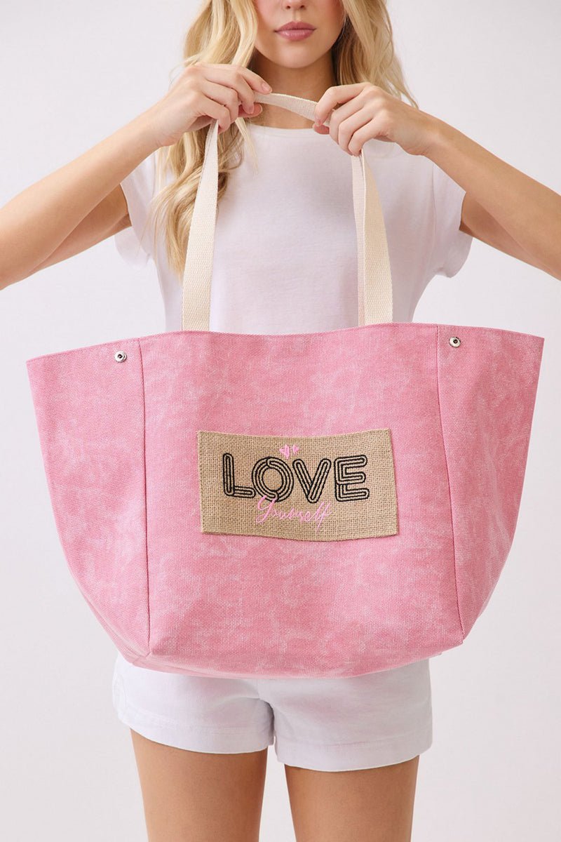Love Yourself Patch Pink Canvas Cinch Tote - Wholesale Accessory Market