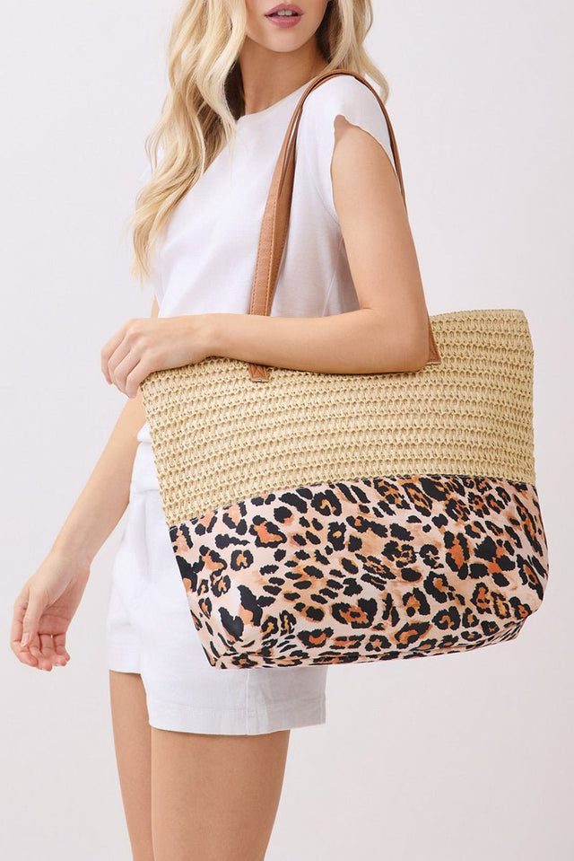 City to Coast Beige Straw and Leopard Tote Bag - Wholesale Accessory Market