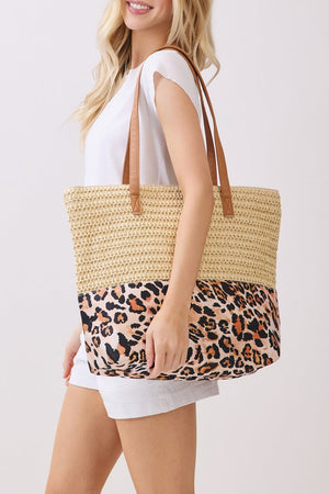 City to Coast Beige Straw and Leopard Tote Bag - Wholesale Accessory Market