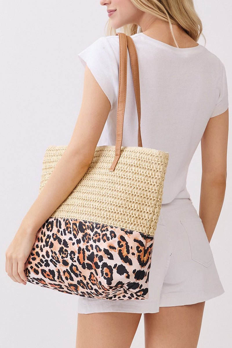 City to Coast Beige Straw and Leopard Tote Bag - Wholesale Accessory Market