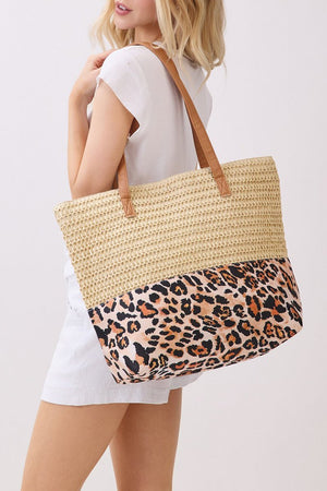 City to Coast Beige Straw and Leopard Tote Bag - Wholesale Accessory Market