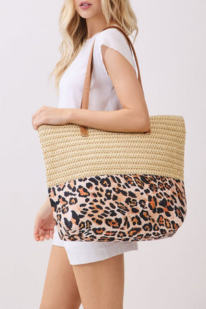 City to Coast Beige Straw and Leopard Tote Bag - Wholesale Accessory Market