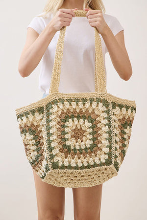 Vintage Beige Granny Square Tote - Wholesale Accessory Market