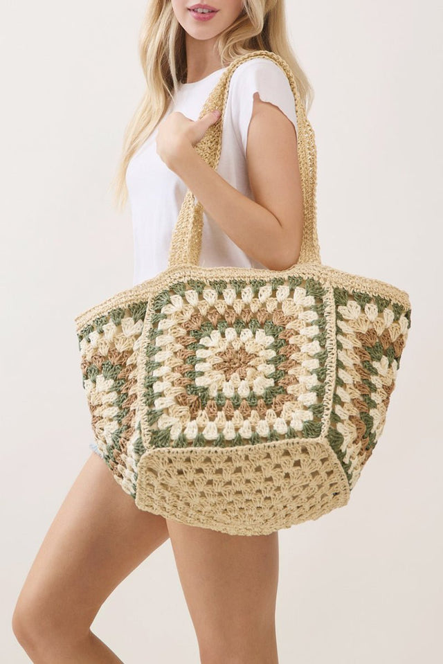 Vintage Beige Granny Square Tote - Wholesale Accessory Market