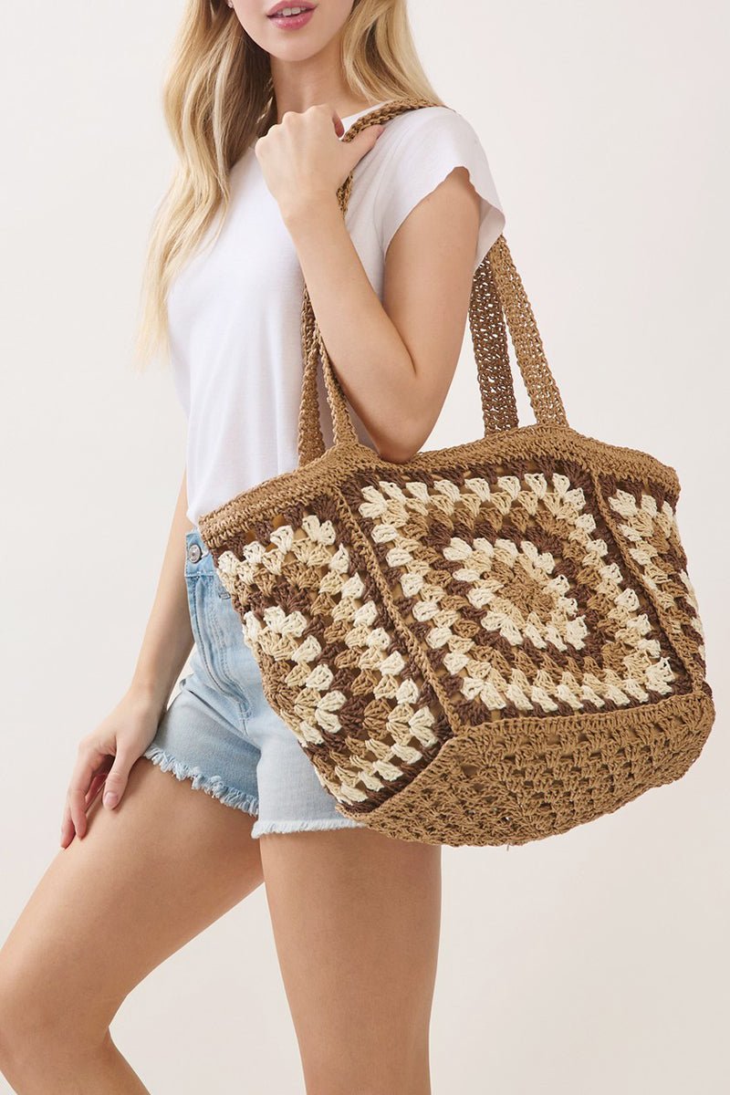 Vintage Taupe Granny Square Tote - Wholesale Accessory Market