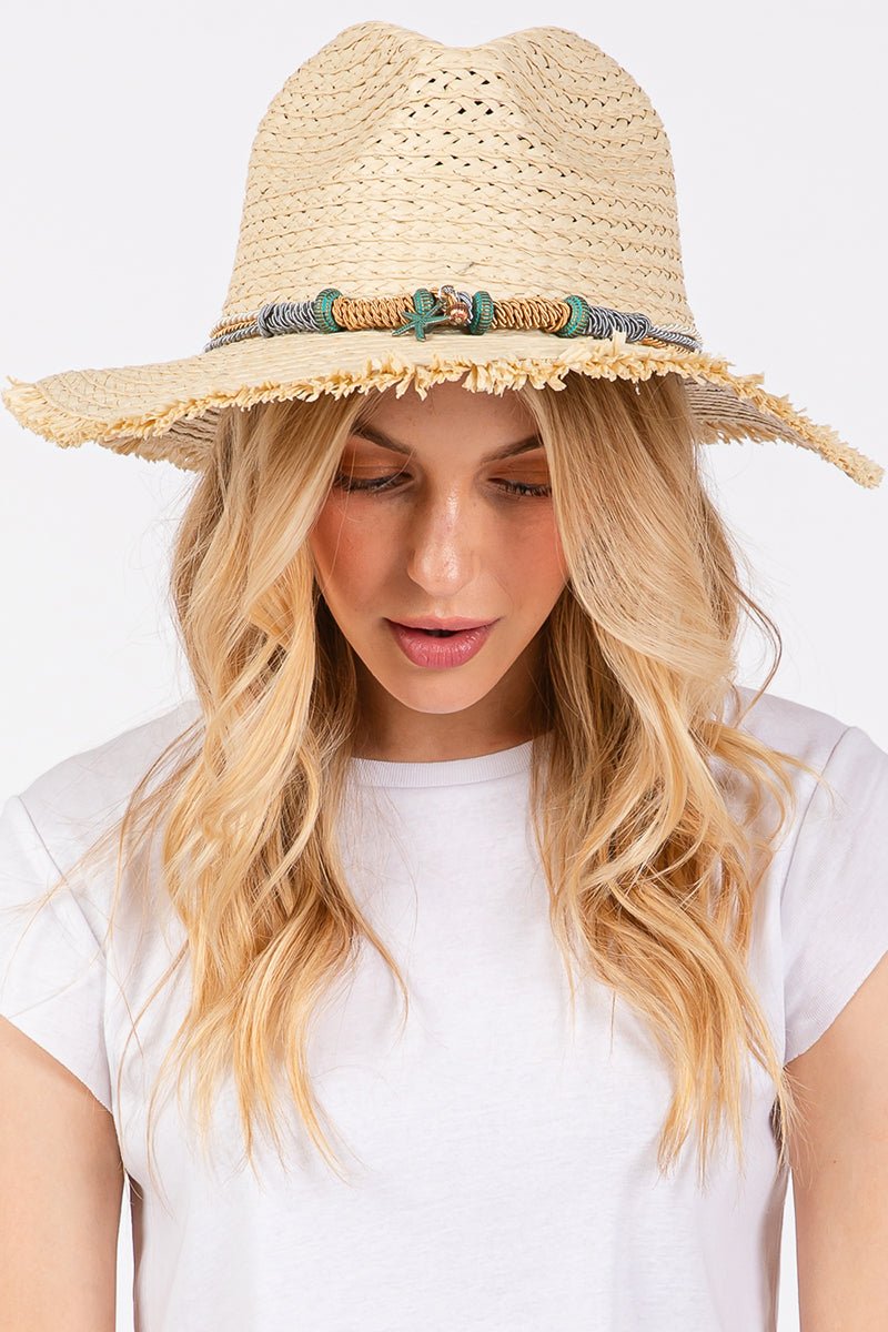 Pelican Bay Starfish Beige Frayed Straw Hat - Wholesale Accessory Market