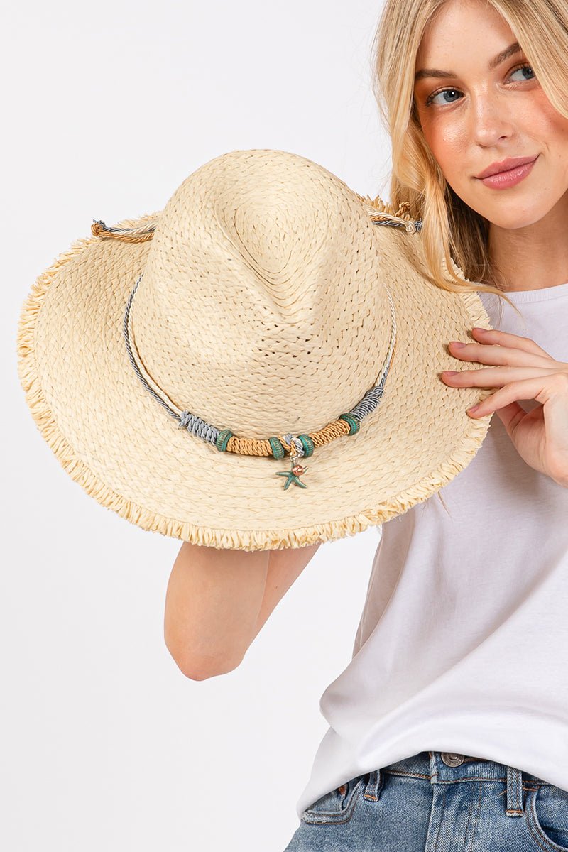 Pelican Bay Starfish Beige Frayed Straw Hat - Wholesale Accessory Market