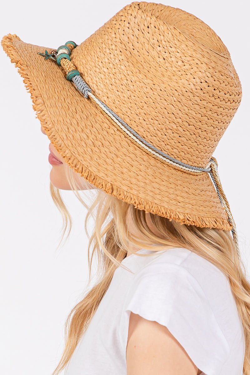 Pelican Bay Starfish Taupe Frayed Straw Hat - Wholesale Accessory Market