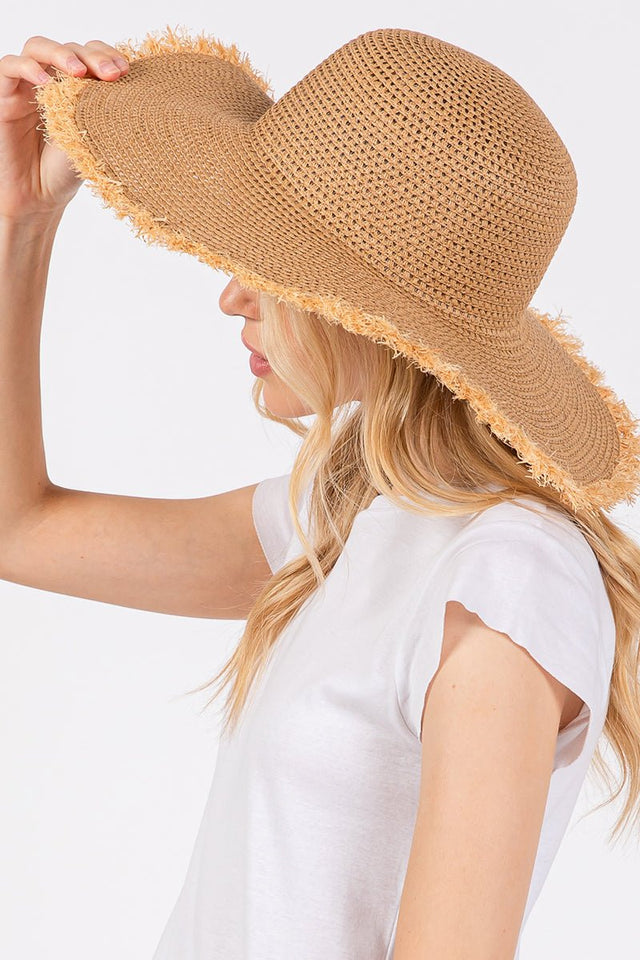 Sunchaser Taupe Frayed Straw Floppy Hat - Wholesale Accessory Market