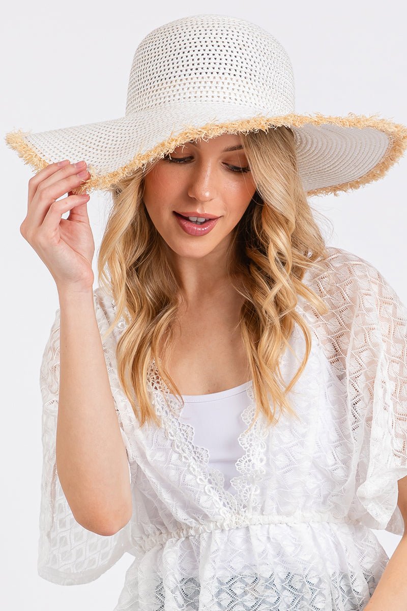 Sunchaser White Frayed Straw Floppy Hat - Wholesale Accessory Market