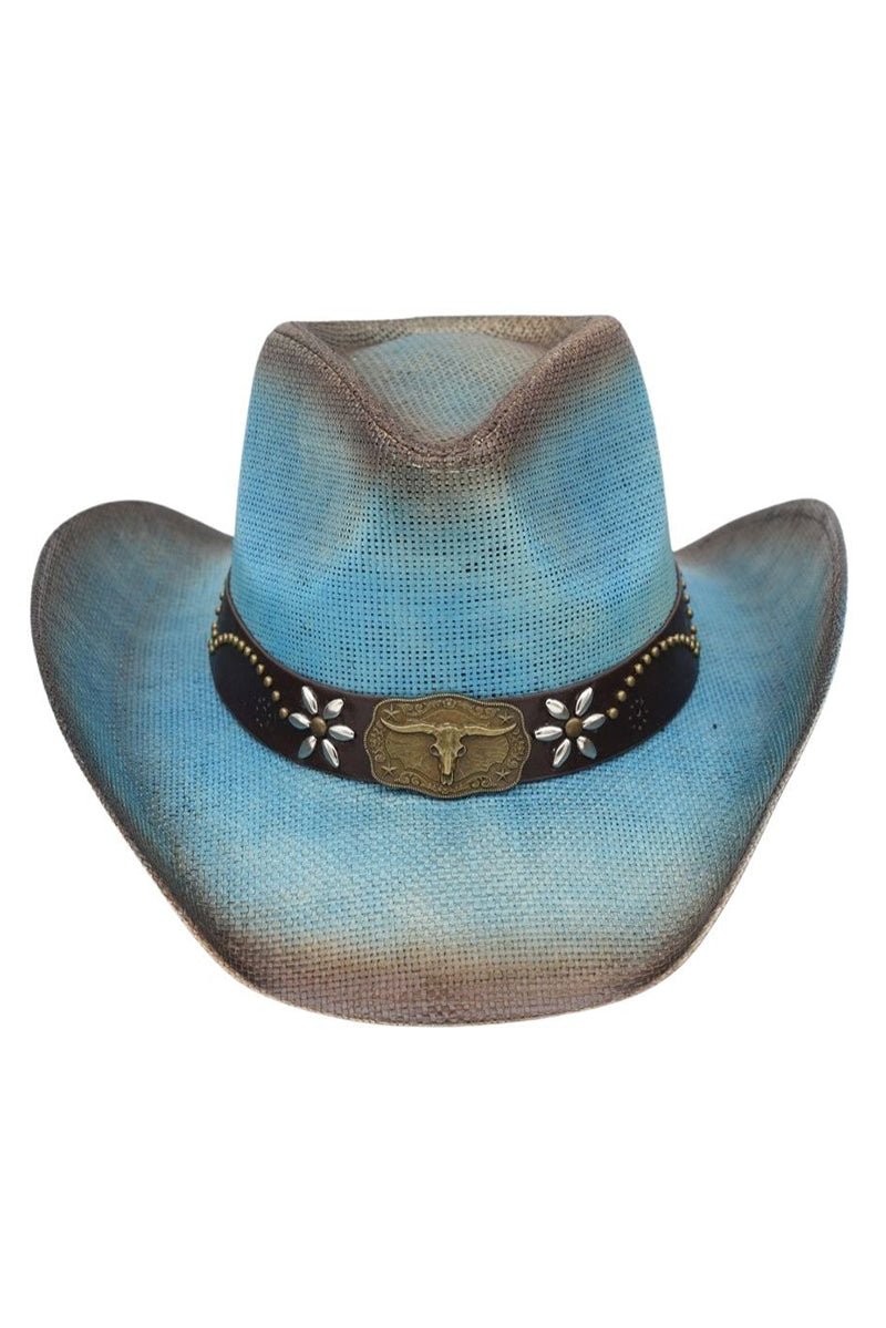 Lubbock Longhorn Dusty Blue Distressed Straw Cowgirl Hat - Wholesale Accessory Market